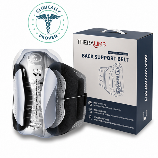 Theralimb back support belt with packaging on a white background